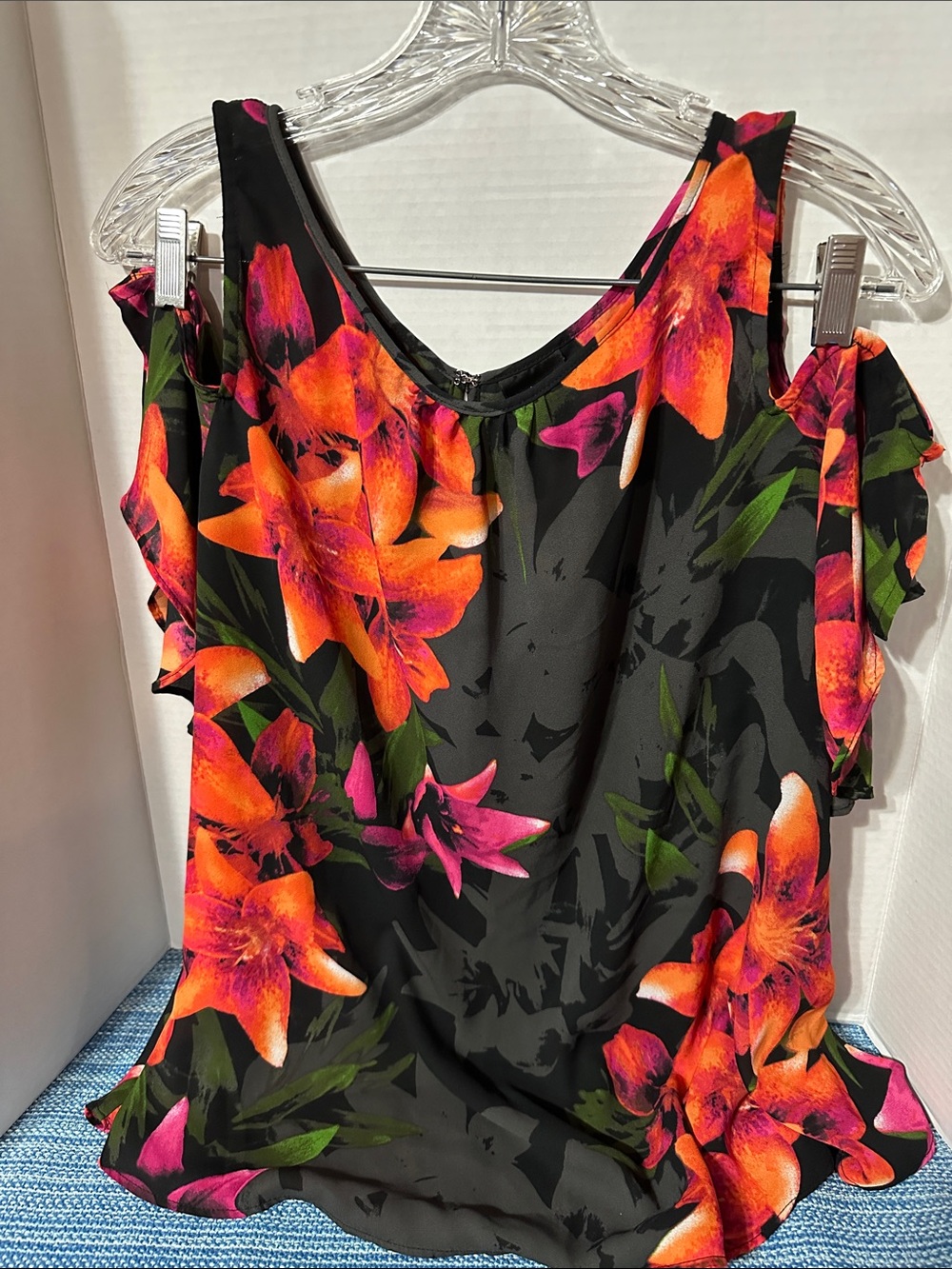 Worthington Black Cold-Shoulder Blouse with Bright Orange and Pink Floral Print